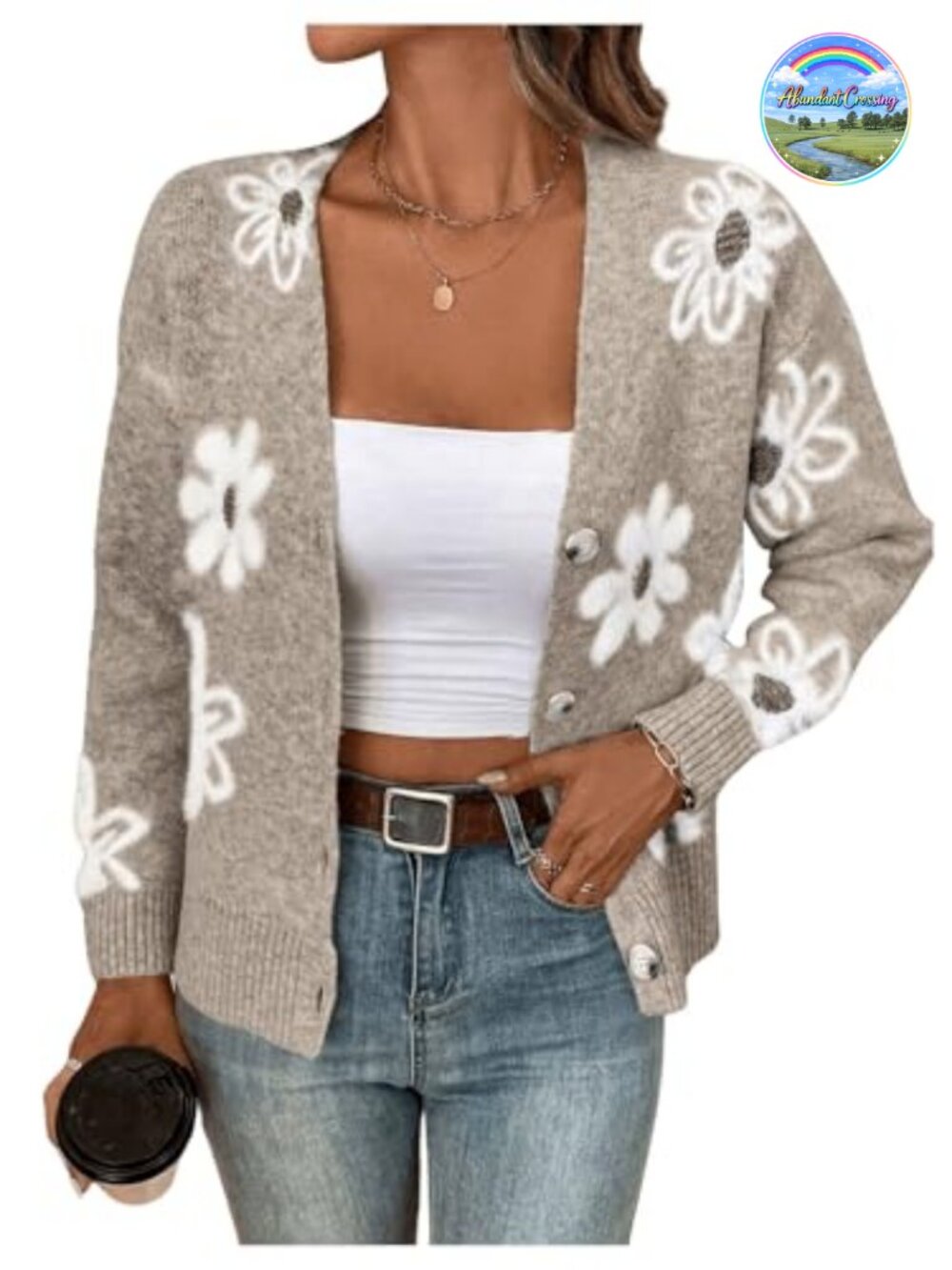 Floral Long Sleeve Knit Cardigan V-Neck Drop Shoulder